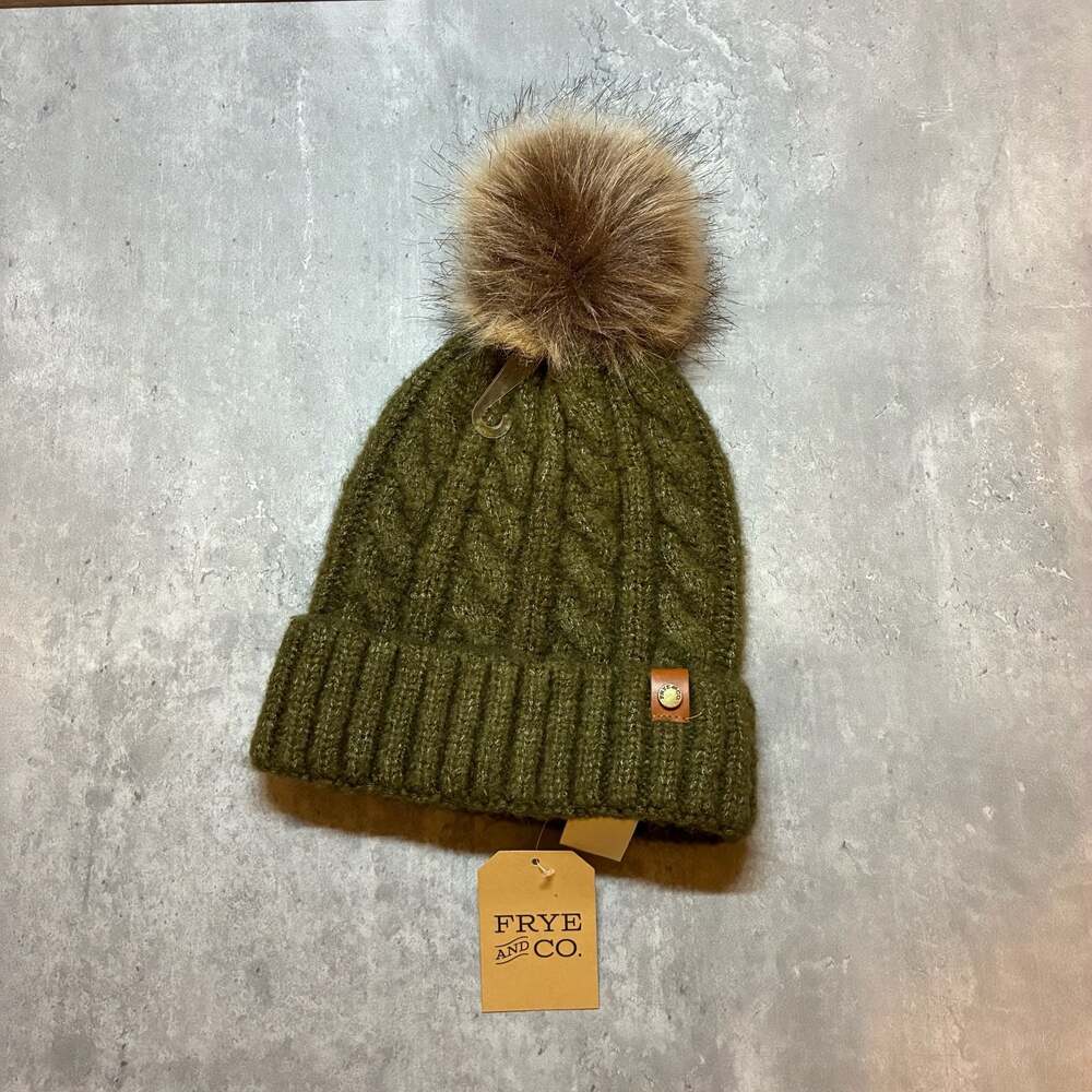 Frye and Co. Cable Knit Beanie with Faux Fur Pom Green Sage Brush